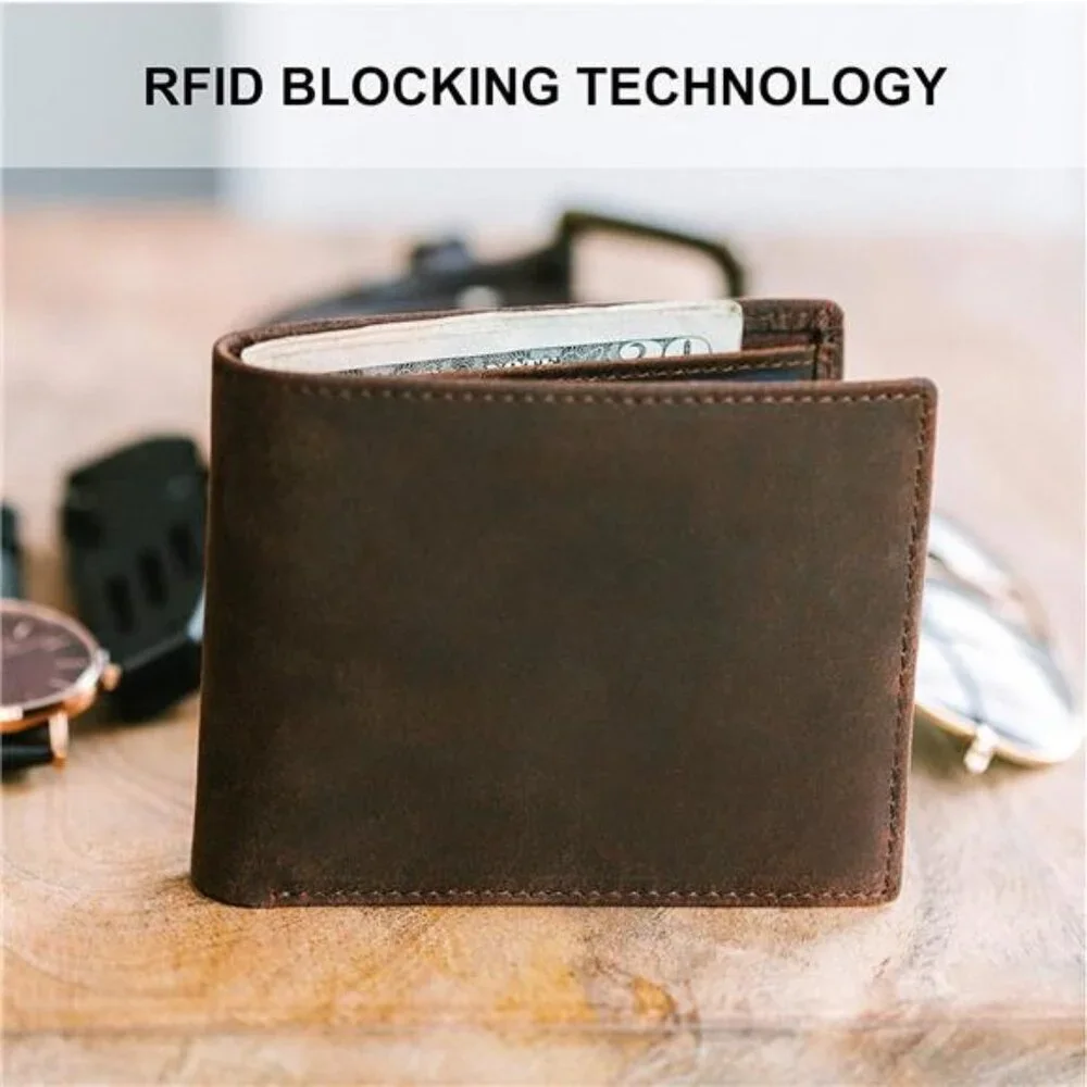 Mens Leather Wallet RFID Blocking Bifold Slim Billfold 8 Card Slots Gift
